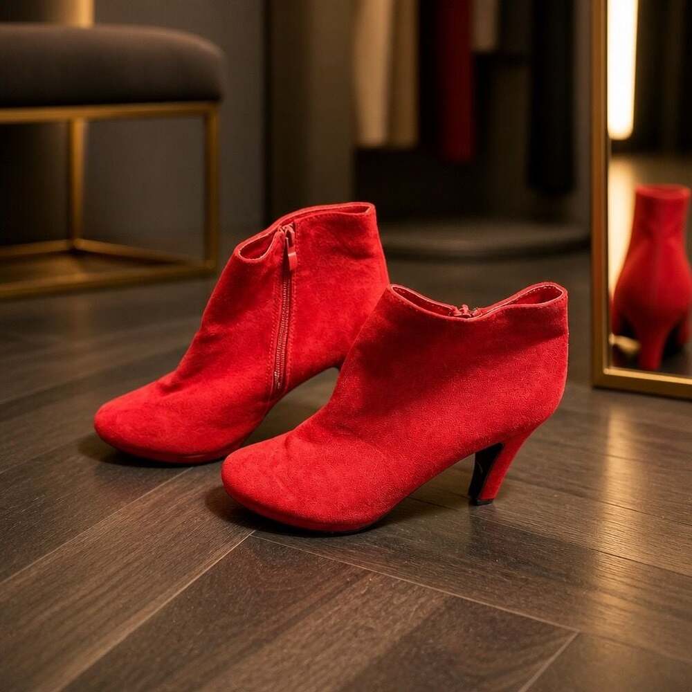 Forever Red Suede Kitten Heel Side Zipper Ankle Booties Size 10